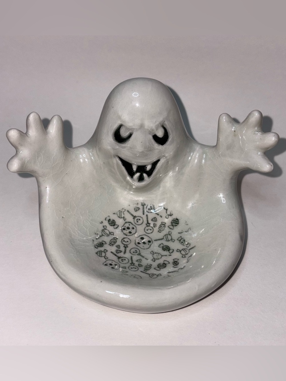 Scary Ghost Ceramic Candy Dish Trinket Tray Jewelry Holder 5”x4” Vintage